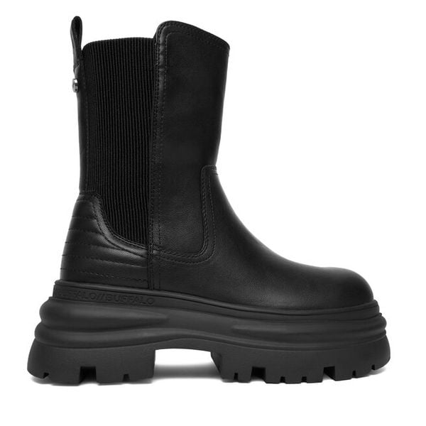 Sztyblety Buffalo. Czarne botki damskie Buffalo, bez wzorów, bez obcasa, na płaskiej podeszwie, bez zapięcia. Za 269.99 zł.