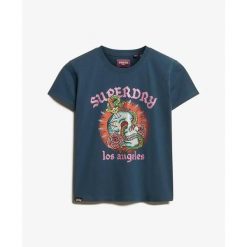 T-shirt dopasowany z dżetami w efekcie tatuażu dla kobiet Superdry. Niebieskie t-shirty damskie Superdry, bez wzorów, bez kołnierzyka, bez ramiączek. Za 240.30 zł.