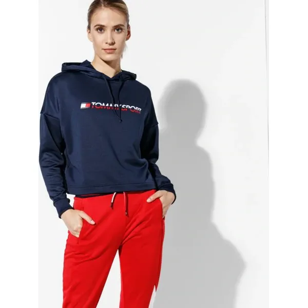 Tommy Sport Bluza Z Kapturem Cropped Vertical Logo , granatowy, rozmiar XS. Niebieskie bluzy damskie Tommy Hilfiger, s, bez wzorów, z materiału, sportowe, bez ramiączek, z kapturem. W wyprzedaży za 279.99 zł.