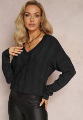 Czarny Sweter o Klasycznym Fasonie z Dekoltem V Ezechiele. Czarne swetry nierozpinane damskie Renee, bez wzorów, casualowe, bez kołnierzyka, bez ramiączek. Za 84.99 zł.
