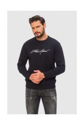 EMPORIO ARMANI Granatowa bluza męska z białym wyszywanym logo. Niebieskie bluzy męskie Emporio Armani, m, bez wzorów, prążkowane, bez ramiączek, bez kaptura. W wyprzedaży za 459.99 zł.