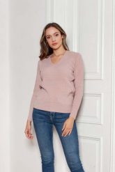 Sweter w Serek z Dzianiny w Prążek - Różowy. Czerwone swetry nierozpinane damskie Lanti, l, bez wzorów, z dzianiny, bez kołnierzyka, bez ramiączek. Za 229.90 zł.