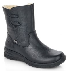 Wodoodporne skórzane botki damskie komfortowe czarne Rieker Z7172-00. Czarne botki damskie Rieker, bez wzorów, ze skóry, bez obcasa, bez zapięcia. Za 399.00 zł.