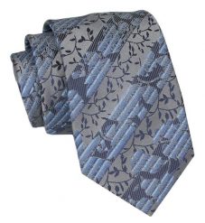 Klasyczny Krawat Męski - ALTIES - Szary, Niebieski, Liście. Niebieskie krawaty i muchy Alties, bez wzorów, z tkaniny, eleganckie. Za 49.00 zł.