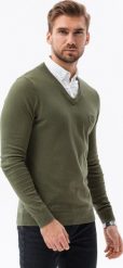 Ombre Sweter męski z białym kołnierzykiem - oliwkowy V5 E120 S. Białe swetry męskie Ombre, m, bez wzorów, bez kołnierzyka, bez ramiączek. Za 69.99 zł.