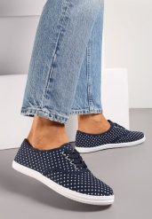 Granatowe Sznurowane Tenisówki na Płaskiej Podeszwie z Materiału w Kropki Harnisa. Niebieskie trampki i tenisówki damskie Renee, bez wzorów, bez zapięcia. Za 39.99 zł.