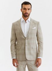 PAKO LORENTE – Beżowa marynarka męska w kratę. Brązowe garnitury męskie Pako Lorente, m, bez wzorów, z elastanu, boho. Za 649.99 zł.