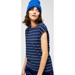 Bluzka w paski. Niebieskie bluzki damskie MOODO, xs, bez wzorów, bez kołnierzyka, bez ramiączek. Za 14.99 zł.