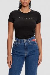 TOMMY JEANS Czarny damski t-shirt. Czarne t-shirty damskie Tommy Jeans, s, bez wzorów, z jeansu, bez kołnierzyka, bez ramiączek. W wyprzedaży za 104.99 zł.