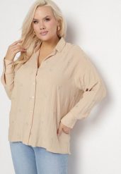 Beżowa Koszula Bawełniana w Hafty Liście Tleffia. Brązowe koszule damskie Born2be, xl, bez wzorów, z bawełny, eleganckie, bez kołnierzyka, bez ramiączek. Za 99.99 zł.