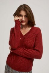 Sweter z ażurowymi rękawami. Swetry nierozpinane damskie MOODO, l, w ażurowe wzory, bez kołnierzyka, bez ramiączek. W wyprzedaży za 43.99 zł.