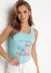 Jasnoniebieski Top z Elastycznej Bawełny z Uroczym Nadrukiem z Przodu Iviolia. Niebieskie topy damskie Born2be, m, bez wzorów, z bawełny, klasyczne, bez kołnierzyka, bez ramiączek. Za 29.99 zł.