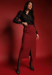 Bordowa Spódnica Ołówkowa z Wiskozą High Waist z Rozcięciem Semivinia. Czerwone spódnice damskie Renee, na co dzień, s, bez wzorów, z wiskozy, eleganckie, z podwyższonym stanem, midi, ołówkowe. Za 69.99 zł.