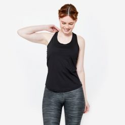 Top fitness damski Domyos My Top. Białe topy damskie DOMYOS, l, bez wzorów, z elastanu, sportowe, bez kołnierzyka, bez ramiączek. Za 19.99 zł.