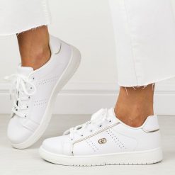 Białe sportowe buty damskie Potocki 01301. Białe obuwie sportowe damskie POTOCKI, na jesień, bez wzorów, ze skóry, bez zapięcia. Za 89.00 zł.