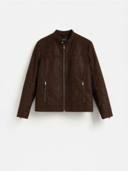 Kurtka biker z imitacji zamszu - ciemnobrązowy. Brązowe kurtki męskie Reserved, l, bez wzorów, bez kaptura. Za 259.99 zł.