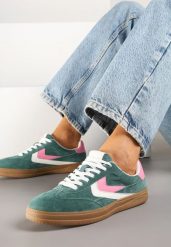 Zielone Skórzane Sneakersy Tenisówki z Geometrycznym Wzorem Mirathe. Zielone trampki i tenisówki damskie Born2be, bez wzorów, bez zapięcia. Za 159.99 zł.
