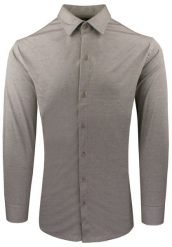 Męska Koszula z Dzianinowej Tkaniny - Krój Taliowany - Ciemny Beż. Koszule męskie Pazzani, m, bez wzorów, z bawełny, eleganckie, bez kołnierzyka, bez ramiączek. Za 199.00 zł.