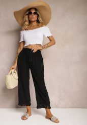 Czarne Szerokie Spodnie High Waist z Gumką w Pasie Jolfea. Czarne spodnie materiałowe damskie Renee, bez wzorów, z jeansu, eleganckie, z podwyższonym stanem. Za 44.99 zł.