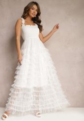 Biała Koktajlowa Sukienka Maxi z Tiulowymi Falbankami Amiusa. Białe sukienki damskie Renee, na imprezę, na lato, s, bez wzorów, z tiulu, wakacyjne, bez kołnierzyka, bez ramiączek, maxi. Za 199.99 zł.
