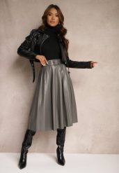 Szara Plisowana Spódnica w Stylu Preppy o Rozkloszowanym Kroju High Waist z Paskiem Iriviel. Szare spódnice damskie Renee, na co dzień, s, bez wzorów, eleganckie, z podwyższonym stanem, midi, proste. Za 79.99 zł.