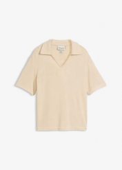 Koszulka polo w optyce dzianiny. Brązowe bluzki damskie bonprix, bez wzorów, z dzianiny, bez kołnierzyka, bez ramiączek. Za 97.99 zł.