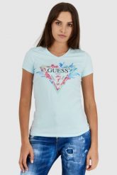 GUESS Błękitny t-shirt damski z logo z liśćmi i cyrkoniami, Rozmiar L. Niebieskie t-shirty damskie Guess, l, z aplikacjami, bez kołnierzyka, bez ramiączek. W wyprzedaży za 119.99 zł.