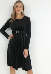 Czarna Welurowa Sukienka z Paskiem i Plisowanym Dołem Yazola. Czarne sukienki damskie Born2be, m, bez wzorów, z tkaniny, eleganckie, bez kołnierzyka, bez ramiączek, midi, plisowane. Za 109.99 zł.