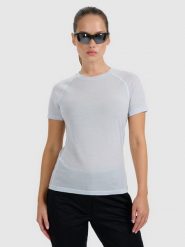 4F Koszulka trekkingowa z wełną merino damska - niebieska S. Niebieskie bluzki damskie 4F, s, bez wzorów, z wełny, bez kołnierzyka, bez ramiączek. W wyprzedaży za 169.99 zł.