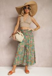 Zielone Spodnie Culottes z Bawełnianej Tkaniny Ozdobione Wzorem Paisley Gwinamas. Zielone spodnie materiałowe damskie Renee, bez wzorów, z bawełny, biznesowe. Za 39.99 zł.