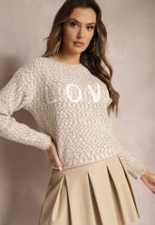 Beżowy Sweter z Ozdobnym Napisem Wykończony Ściągaczami Minisoji. Brązowe swetry nierozpinane damskie Renee, l, bez wzorów, z elastanu, casualowe, bez kołnierzyka, bez ramiączek. Za 99.99 zł.
