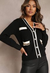 Czarny Wiskozowy Kardigan z Łańcuszkami i Perłami Molito. Czarne kardigany damskie Renee, z aplikacjami, z wiskozy, eleganckie, bez kołnierzyka. Za 139.99 zł.
