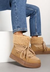 Brązowe Śniegowce Futerkowe na Platformie ze Sznurowaną Cholewką Izalithia. Brązowe śniegowce damskie Renee, z futra, bez zapięcia. Za 99.99 zł.