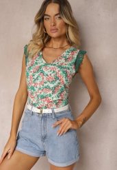Zielony Top Ozdobiony Koronką Przy Ramionach z Wiskozy Lrivia. Zielone topy damskie Renee, m, bez wzorów, z koronki, bez kołnierzyka, bez ramiączek. Za 39.99 zł.