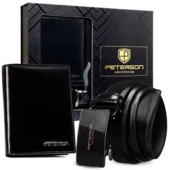 Zestaw prezentowy: skórzany portfel męski w czarnym kolorze i pasek ze skóry naturalnej - Peterson. Czarne portfele męskie bez wzorów, ze skóry. Za 119.99 zł.