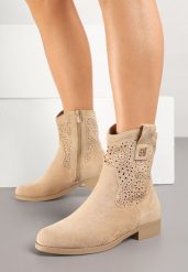 Ciemnobeżowe Botki w Stylu Kowbojek z Ażurowymi Wycięciami Efadriana. Brązowe botki damskie Born2be, w ażurowe wzory, bez obcasa, na płaskiej podeszwie, bez zapięcia. Za 119.99 zł.