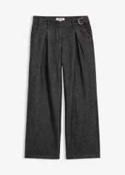 Jeansy wide leg z zaszewkami w pasie. Czarne jeansy damskie bonprix, bez wzorów, z jeansu. Za 149.99 zł.
