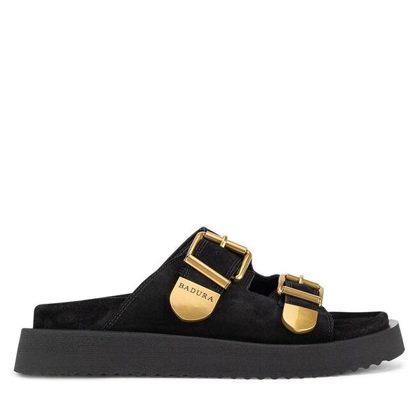 Klapki Badura. Czarne klapki damskie Badura, bez wzorów, bez obcasa, bez zapięcia. Za 299.99 zł.