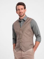 Kamizelka męska garniturowa bez klap - beżowa V2 OM-BLZV-0112 - XXL. Brązowe garnitury męskie Ombre Clothing, l, bez wzorów, z poliesteru, eleganckie. Za 143.99 zł.