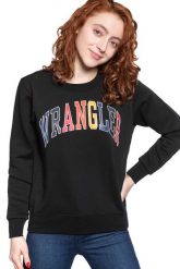 BLUZA WRANGLER REGULAR SWEAT BLACK W6N2HA100 112130785. Czarne bluzy damskie Wrangler, xs, bez wzorów, bez ramiączek, bez kaptura. W wyprzedaży za 69.99 zł.