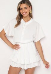 Biały Taliowany Kombinezon z Gumką w Pasie Timata. Białe sukienki damskie Born2be, l, bez wzorów, eleganckie, bez kołnierzyka, bez ramiączek. Za 129.99 zł.