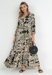Czarno-Beżowa Rozkloszowana Sukienka Oversize w Kwiaty Kylia. Czarne sukienki damskie Born2be, l, bez wzorów, bez kołnierzyka, bez ramiączek, maxi, oversize. Za 74.99 zł.