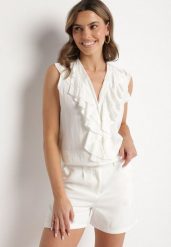 Biała Koszula Bez Rękawów z Wiskozą z Dekoltem w Serek i Falbaną Arlimi. Białe koszule damskie Born2be, bez wzorów, z jeansu, eleganckie, bez kołnierzyka, bez ramiączek. Za 54.99 zł.