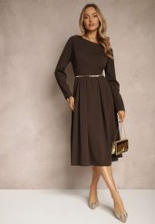 Brązowa Rozkloszowana Sukienka w Eleganckim Stylu Temilissa. Brązowe sukienki damskie Renee, do pracy, l, bez wzorów, biznesowe, bez kołnierzyka, bez ramiączek, midi, rozkloszowane. Za 109.99 zł.