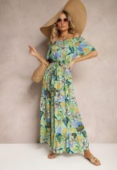 Zielono-Niebieska Wiskozowa Sukienka o Rozkloszowanym Kroju z Paskiem w Talii w Kwiatowy Print Rosubia. Zielone sukienki damskie Renee, na lato, l, bez wzorów, z tkaniny, bez kołnierzyka, bez ramiączek, maxi, rozkloszowane. Za 69.99 zł.