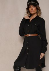 Czarna Koszulowa Sukienka Ozdobiona Paskiem i Rękawem z Regulacją Esaviona. Czarne sukienki damskie Renee, na co dzień, l, bez wzorów, z jeansu, eleganckie, bez kołnierzyka, bez ramiączek, dopasowane. Za 119.99 zł.