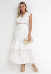 Biała Rozkloszowana Sukienka Maxi z Falbankami Teara. Białe sukienki damskie Born2be, l, bez wzorów, bez kołnierzyka, bez ramiączek, maxi, rozkloszowane. Za 179.99 zł.