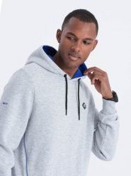 Bluza męska z kapturem z kieszenią na zamek - szary melanż V5. Szare bluzy męskie Ombre Clothing, l, bez wzorów, z bawełny, bez ramiączek, z kapturem. W wyprzedaży za 69.99 zł.