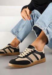 Czarno-Beżowe Sneakersy Sportowe przed Kostkę z Ozdobnymi Paskami Zonevia. Czarne obuwie sportowe damskie Renee, bez wzorów, bez zapięcia. Za 74.99 zł.