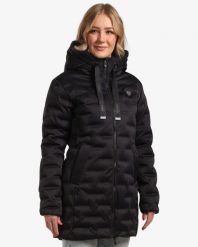Damski płaszcz zimowy Kilpi BELIZE-W. Czarne płaszcze damskie Kilpi, na zimę, bez wzorów, z materiału, eleganckie, bez kołnierzyka, z kapturem. Za 523.50 zł.